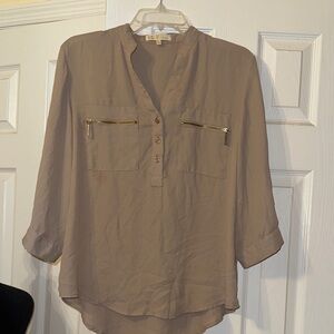 Elegant Tan Blouse with Gold Zipper Accents